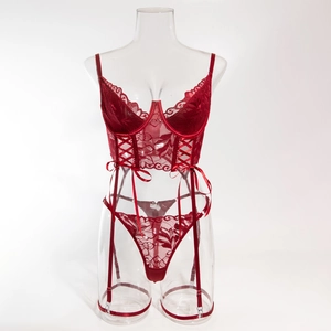 Detailed view of red floral lace lingerie set with underwire top and garter belt details
