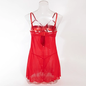 Red sheer mesh babydoll set with lace trim details and back hook-and-eye closure