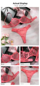 Detail showing sheer mesh fabric with ruffle edges on coral pink bra and thong set