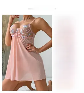 Detailed view of pink sheer mesh nightdress with floral embroidery and thin straps