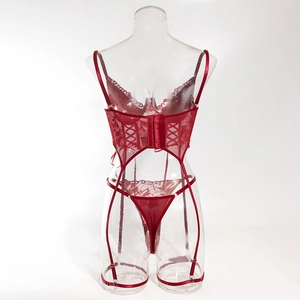 Detailed view of red lace corset lingerie set with floral patterns and corset lacing
