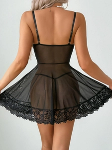 Sexy black sheer mesh lace nightgown with wired cups and matching thong for women