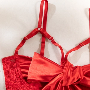 Detail of red lace lingerie with satin bow and adjustable straps on textured background