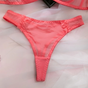 Detailed view of sheer coral pink mesh thong with delicate ruffled lace and wavy edges