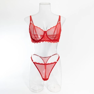 Détail d'un ensemble lingerie en dentelle rouge avec bords festonnés et maille fine