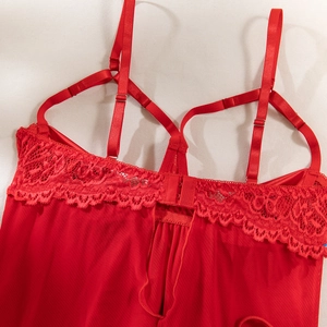 Detail view of red sexy lace lingerie with adjustable straps and back hook closure