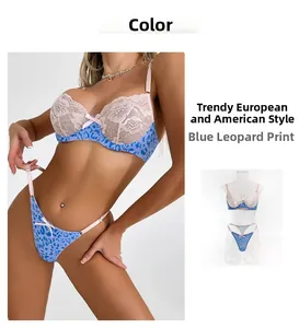 Detailed blue leopard print lingerie set with pink floral lace and bow accents