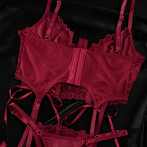 Detailed wine red lace lingerie set with corset, garter belt and metal buckles