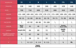 Size chart for sequin lace lingerie set with XS-3XL measurements and cup guide