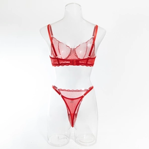 Détail d'un ensemble de lingerie en dentelle rouge avec soutien-gorge à armatures et thong