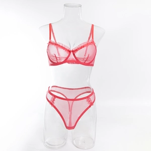 Detail of red sheer mesh bra and thong set featuring ruffle trim and underwire support
