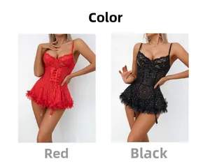 Detailed view of sexy lace lingerie set with sequins, underwire cups, and ruffle hem details
