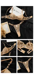 Dettagli del set di lingerie in rete champagne con anelli dorati e tessuto trasparente