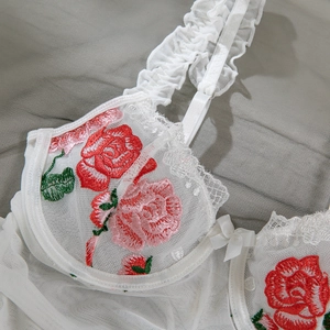 Close-up of white sheer mesh lingerie with red rose embroidery and ruffled straps