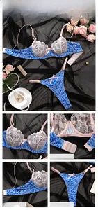 Detailed views of sexy blue leopard print lingerie set with pink lace trim and bow accent