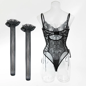 Detailed view of black lace bodysuit featuring floral patterns and cross-tie waist details