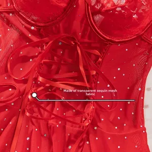Detail of red sheer mesh fabric with silver sequins and satin lace-up design