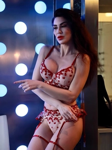 Three-piece lingerie set with red butterfly embroidery and mesh bodysuit for women
