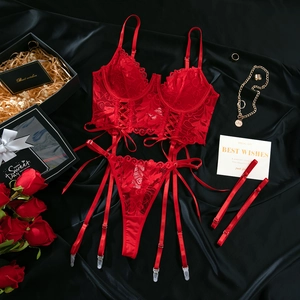 Lace lingerie set in red with floral textures, including garter belt and matching pieces
