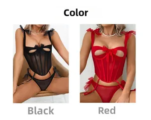 Detail of open bust corset with mesh bow straps and garter belts in black and red