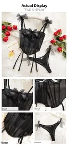 Detailed views of black mesh corset with bow accents, garter straps, and matching thong