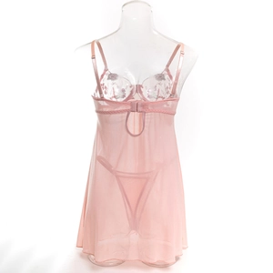 Detailed back view of pink mesh babydoll with floral embroidery and hook-eye closure