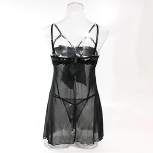 Back view of sheer black mesh babydoll with intricate lace trim and matching G-string