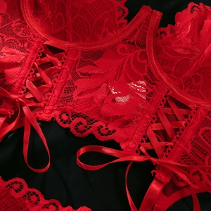Detailed view of red floral lace lingerie with intricate cross-lace-up ribbon ties