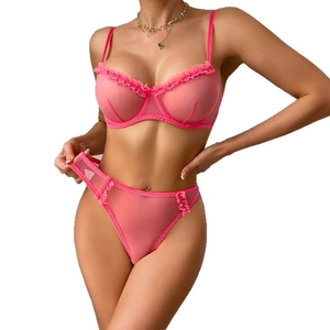 Pink sheer mesh lingerie set featuring ruffle trim and underwire cups for women