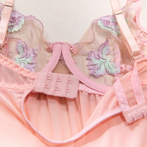 Detail of pink floral embroidery on sheer mesh lingerie with adjustable back hook closure
