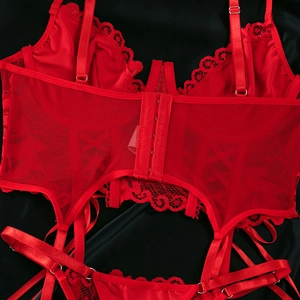 Detailed view of red lace lingerie featuring mesh fabric and adjustable back hook closure