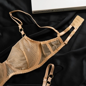 Dettaglio reggiseno in mesh trasparente con anelli in metallo oro e ganci tripli