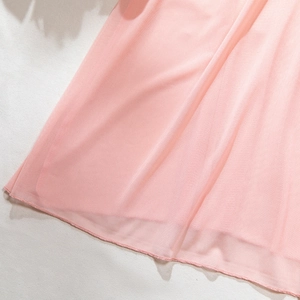 Detail of pink sheer mesh fabric with fine stitching and delicate floral embroidery