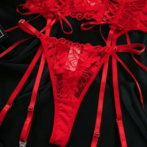 Detail of red floral lace lingerie set with garters and metal buckles on black silk