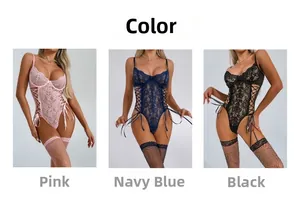 Detailed view of floral lace bodysuit set with side lace-up design and fishnet stockings