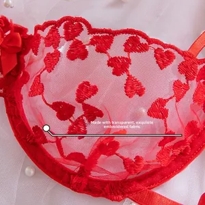 Dettaglio del ricamo a cuore rosso su reggiseno in pizzo con fiocco decorativo