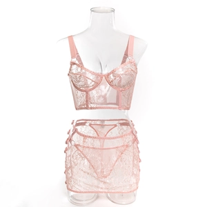 Detailed view of pink floral lace lingerie set with sheer embroidery and underwire
