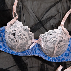 Detailed view of pink floral lace cups and blue leopard print underwire lingerie set