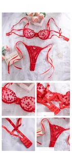 Dettagli del set lingerie in pizzo rosso con ricamo a cuore e lacci regolabili in nastro