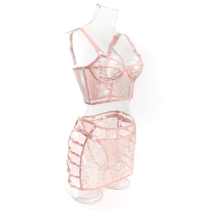 Detail of light pink floral lace lingerie set with underwire cups and mesh corset style