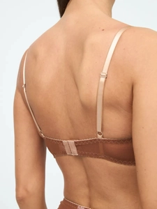 Adjustable straps and hook-and-eye closure on back of brown lace mesh lingerie set