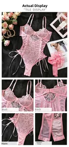 Detail view of pink lace bodysuit featuring floral mesh patterns and lace-up straps