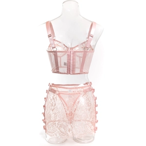 Detail of pink lace corset lingerie with hook-and-eye closure and satin trim accents