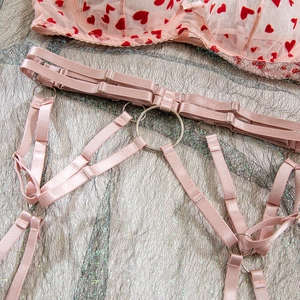Détail d'un ensemble de lingerie en mesh à cœurs avec bretelles en satin et anneaux