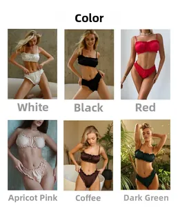 Detailed palette of satin lingerie sets with ruffled edges in six elegant colors