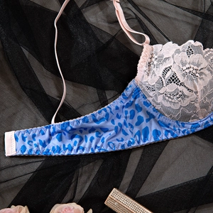 Detailed close-up of blue leopard print and fine pink floral lace on a wired push-up bra