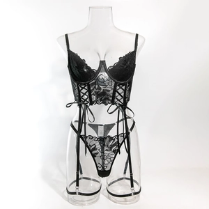 Black lace lingerie set detailing cross strap side design and scalloped floral texture