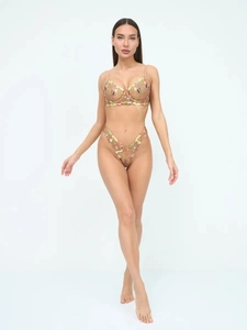 Exquisite floral embroidery and sheer mesh detail on sexy wired bra and thong set