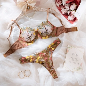 Detailed view of brown lace lingerie set with colorful floral embroidery and mesh detail