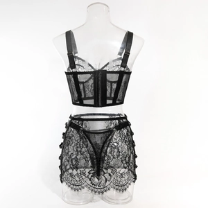 Detailed view of black lace lingerie set with underwire bra and sheer mini skirt